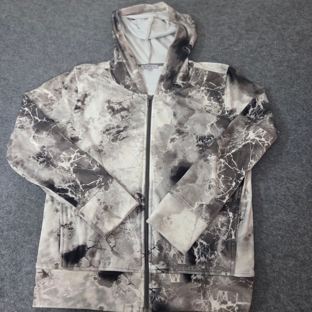 Sportelle Womens XL Full Zip Hoodie Grey Black Marble Tie Dye Velour Jacket